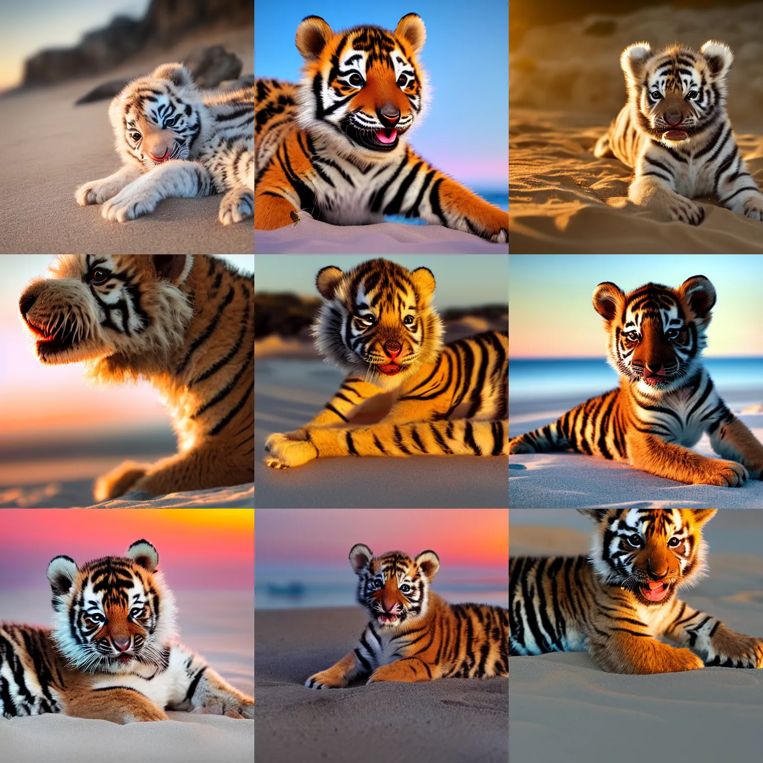 Prompt: a closeup photorealistic photograph of a cute smiling tiger cub bichon laying out at the beach during sunset. professional capture, well lit shot. this 4 k hd image is trending on artstation, featured on behance, well - rendered, extra crisp, features intricate detail, epic composition and the style of unreal engine.