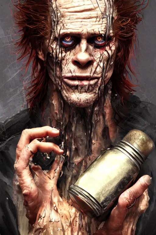 Prompt: A deranged filthy man looking like Willem Dafoe wearing long dark damaged ripped robes showing an alchemist flask, long fingernails, unclipped fingernails, sharp fingernails, focus on face, sharp focus, digital painting, trending on artstation, concept art, fantasy, medieval, D&D