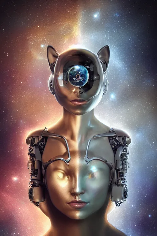 Image similar to a beautiful ultradetailed fine art photo of a futuristic cybernetic cyborg cat against galactic space, by tom bagshaw and natalie shau, portrait, 3 5 mm lens, golden ratio composition, detailed face, studio photography, very detailed, deep depth of field, humanoids, industrial robotic cats, artstation, 8 k, highly coherent