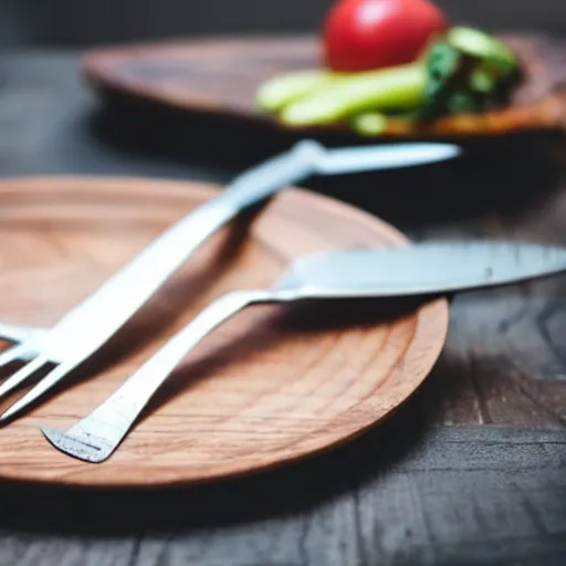 Image similar to a fork, a plate and a knife on a wooden table