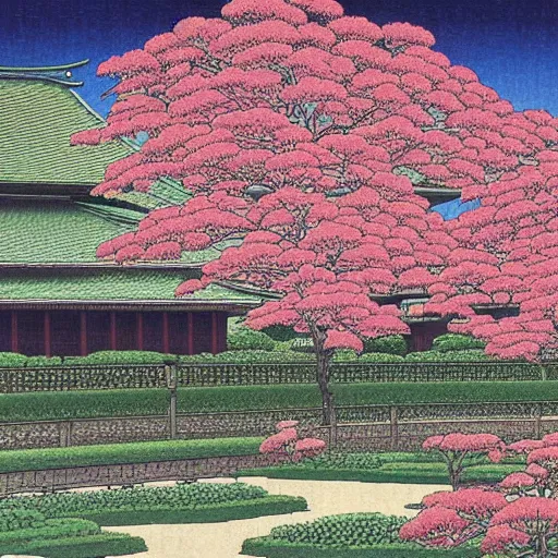 Image similar to a city full of various plants, Kawase Hasui,