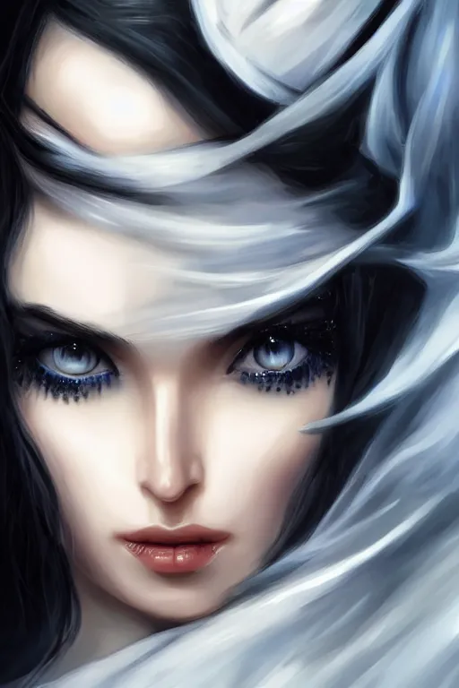 Image similar to Ameera al-Taweel, blue eyes, long wavy black hair, fierce look, white veil, closeup, focus face, elegant, highly detailed, centered, digital painting, artstation, concept art, art by artgerm