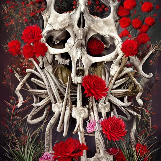 Image similar to beautiful painting of a garden of bones, flowers of blood in the style of Prateep Kochabua, Leonora Karrington, Welder Wings, Hervé Scott Flament, neosurrealism digital art, detailed, trending on Artstation