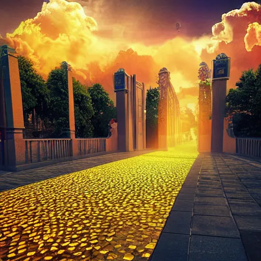 a long path to the gates of heaven with glowing