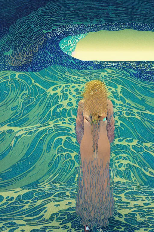 Prompt: a sea witch summoning a giant wave by dan mumford and gustav klimt and john harris and jean delville and victo ngai, highly detailed, photorealism, hyperrealistic