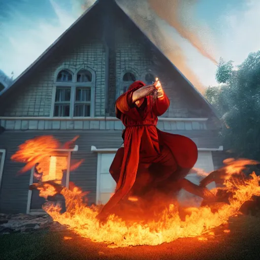 Image similar to a fire mage throwing fireballs at a house, realistic 8 k professional photography, midday lighting, defiant, octane, volumetric lighting, 7 0 mm,