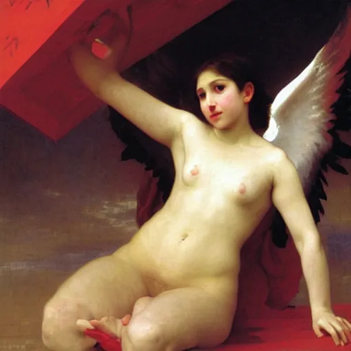 Image similar to Angel crying on top of a red ocean cube, oil painting by William-Adolphe Bouguereau