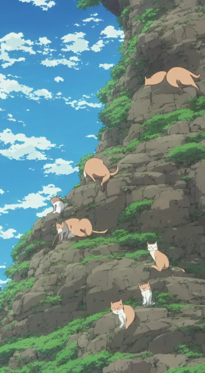 Image similar to fat cats rolling off a cliffside, screenshot from the anime film by makoto shinkai