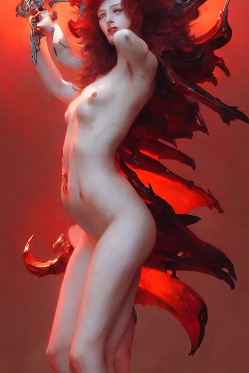 Prompt: Beautiful pale laughing succubus with mechanical wings and devil's horns, red lighting, masterpiece 4k digital illustration by Ruan Jia and Mandy Jurgens and Artgerm and william-adolphe bouguereau, highly detailed, trending on artstation, award winning,