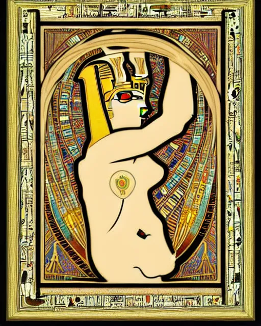 Prompt: an empty alphonse mucha style egyptian image frame, with hieroglyphs