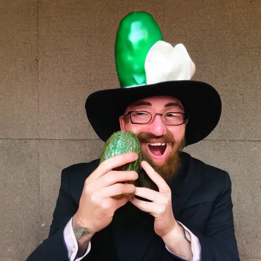 Image similar to a dapper man posing excitedly with a giant pickle Polaroid