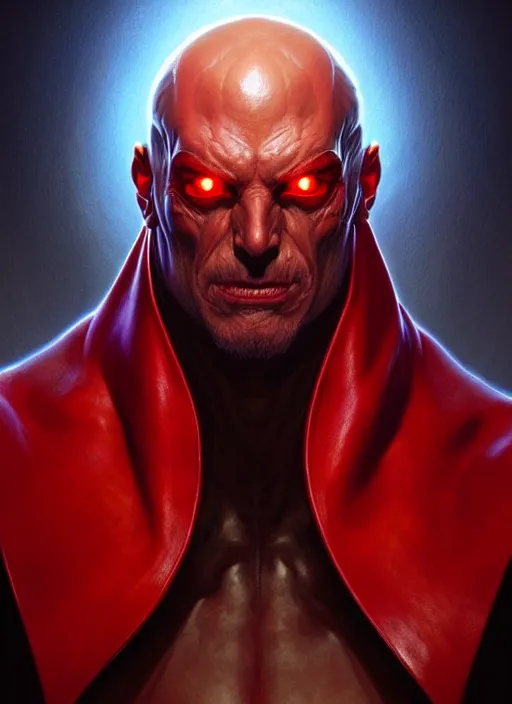 Prompt: portrait of a evil man, glowing red eyes!! muscular, leather robes! intricate, elegant, highly detailed, digital painting, artstation, concept art, smooth, sharp focus, illustration, art by artgerm and greg rutkowski and alphonse mucha