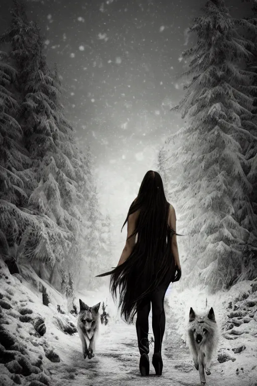 Image similar to digital matte fantasy dreamy mountain scape dark tones snow, long - haired blonde cyber girl walking alone with a wolf, behance