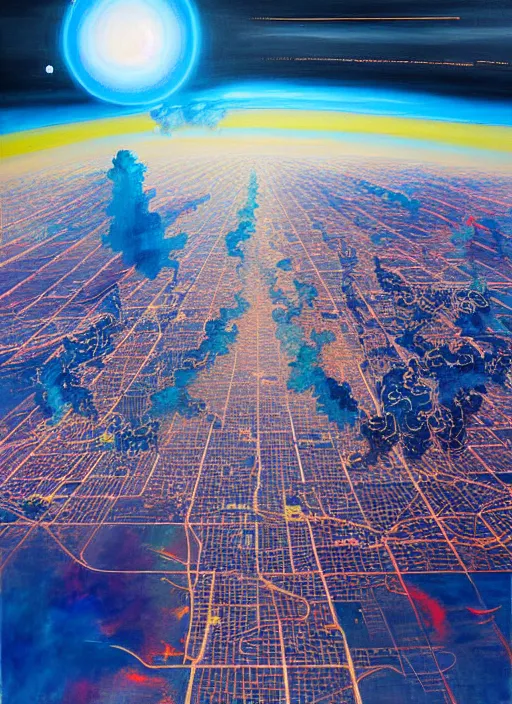 Image similar to a beautiful painting of a satellite view of glitched city behind clouds, by oliver vernon