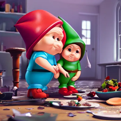 Image similar to a scandal in a gnome family, everyone breaks piles of dishes, hyperrealistic cinematic scene, expressive colors, octane render 8k