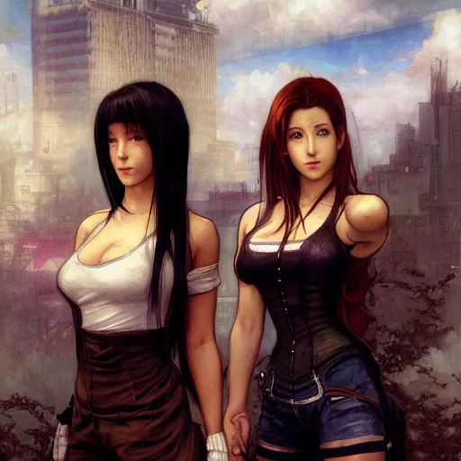 Prompt: a painted portrait of tifa lockhart and aerith gainsborough from final fantasy 7, standard clothing from the conceptual art, the midgard steam punk city as backdrop, by greg rutkowski, artgerm, wlop, ruan jia, krenz cushart, alphonse mucha, rain, fog, unreal engine 5