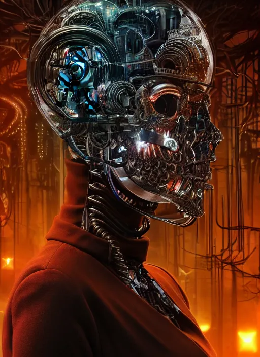 Prompt: 35mm portrait of a sophisticated intricate terminator woman's head on the background of a weird magical mechanical forest. Round gears visible inside her hear. Very detailed 8k. Fantasy cyberpunk horror. Sharp. Cinematic post-processing