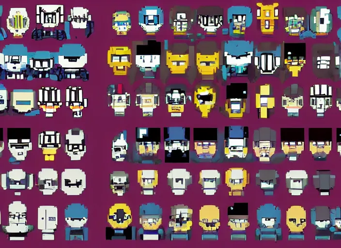 Image similar to 3 rows of 3 framed closeup face portraits of cute evil robots, in the style of mega man, as high - resolution pixel - art.