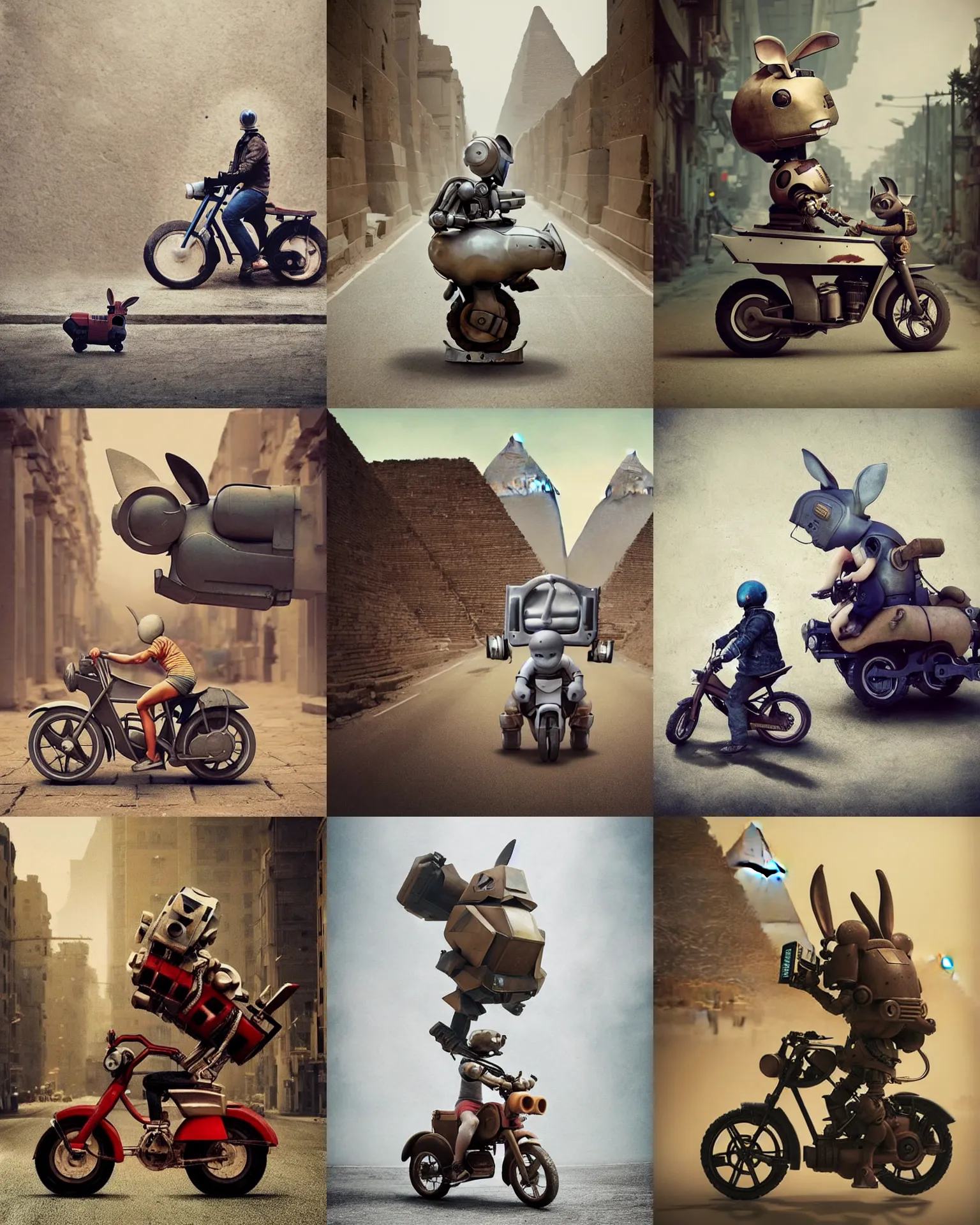 Prompt: epic battle pose chase !!!giant oversized battle rabbit robot chubby mech baby motorcycle with big ears , in giza , full body , Cinematic focus, Polaroid photo, vintage , neutral dull colors, soft lights, foggy , by oleg oprisco , by victor enrich , by gregory crewdson