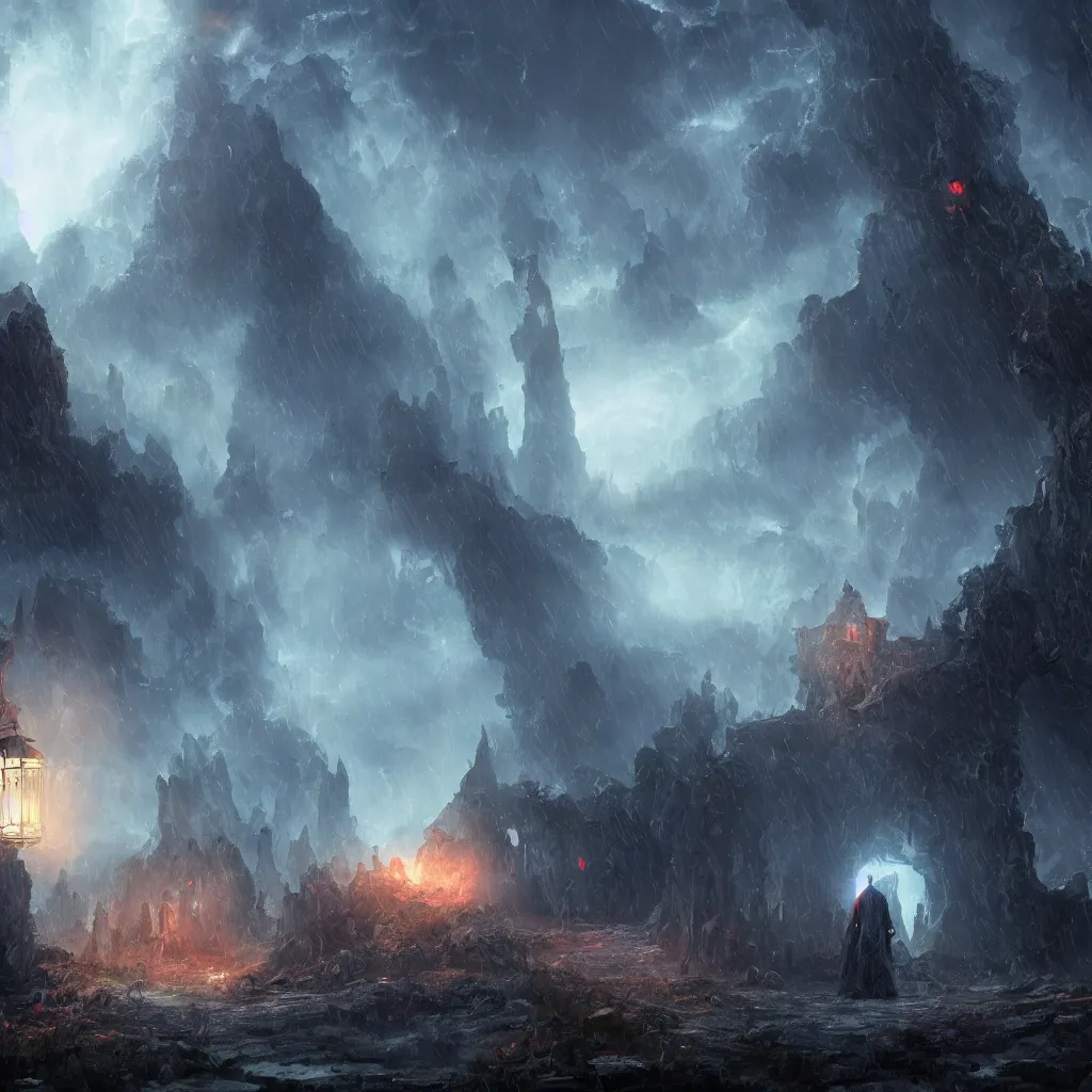 Image similar to a still of a cloaked figure standing in the ruins of crux prime, bree, lantern - lit town, there is lightning, blue fiery maelstrom in the distance, it is raining, digital art, artstationhq