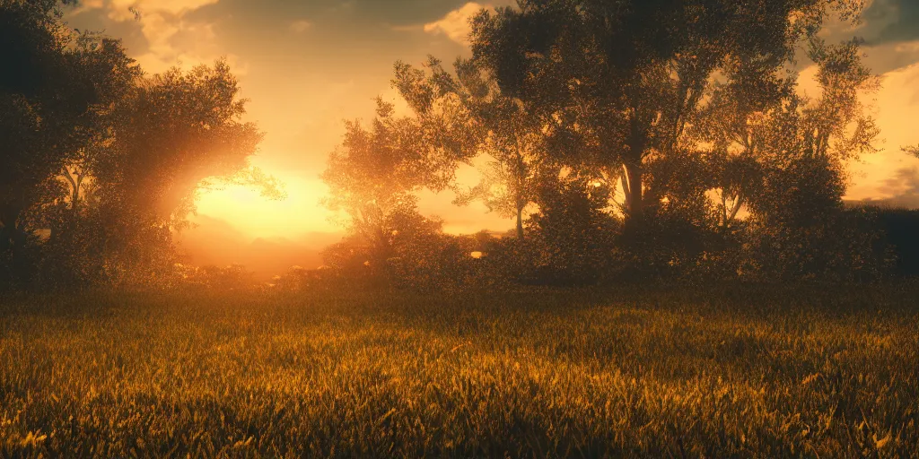 Prompt: a landscape, happiness, cinematic lighting, golden hour, high depth of field, hyperrealistic, 8k