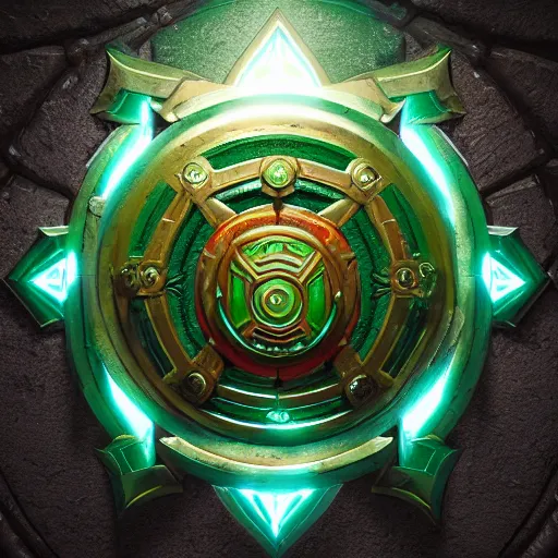 Image similar to green medieval shield, powerful fantasy epic legends, game icon stylized, digital illustration radiating, a glowing aura, global illumination, ray tracing, 8 k high definition, intricate details, octane render, unreal engine, trending on arstation