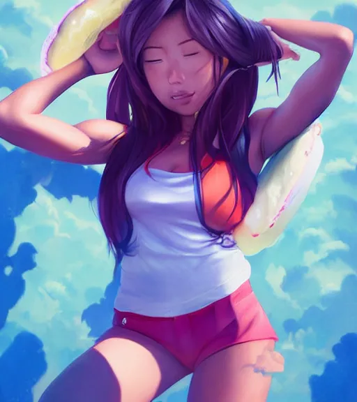 Prompt: ! dream aoi asahina, a tan skinned athletic japanese girl, eats a donut happily, art by stanley lau, artgerm, rossdraws, ross tran, sakimichan, cyarine, beautiful art