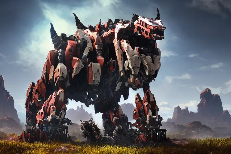 Image similar to grimhorn fanghorn machine mecha animal beast robot of horizon forbidden west horizon zero dawn bioluminiscence global illumination ray tracing hdr fanart arstation by sung choi and eric pfeiffer and gabriel garza and casper konefal