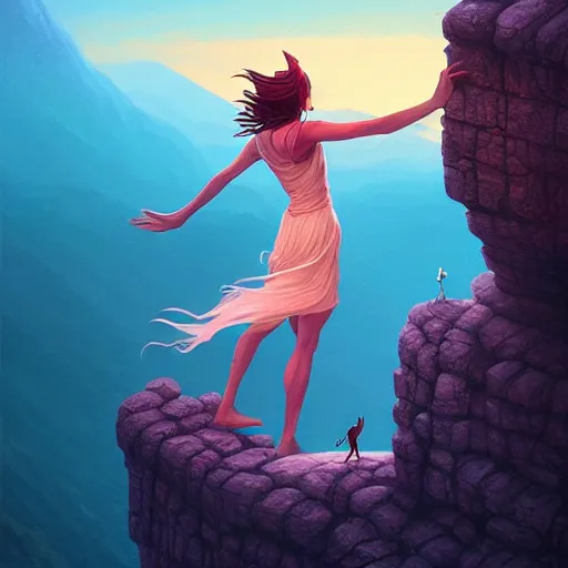 Image similar to the fool tarot card, a maiden dances on the edge of a cliff with a little dog barking beside her, 8 k resolution digital painting, cinematic lighting, deviantart artstation, by alena aenami, by michael whelan, bokeh, behance hd