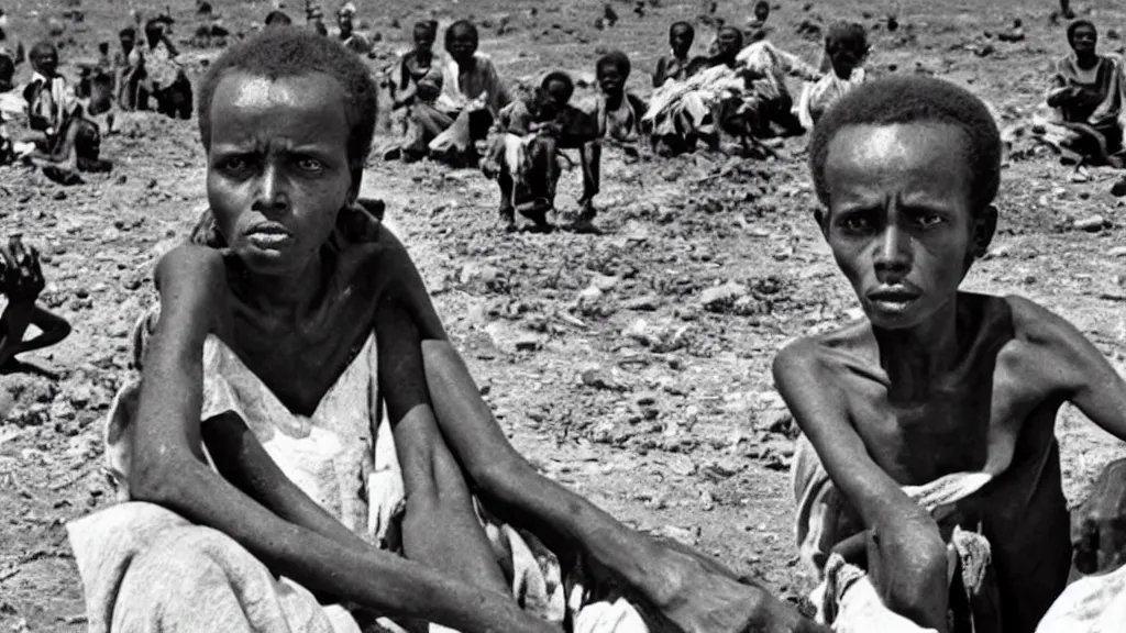 Image similar to 1 9 8 4 ethiopian famine and drought, dark, moody, a news report by bbc, 8 k