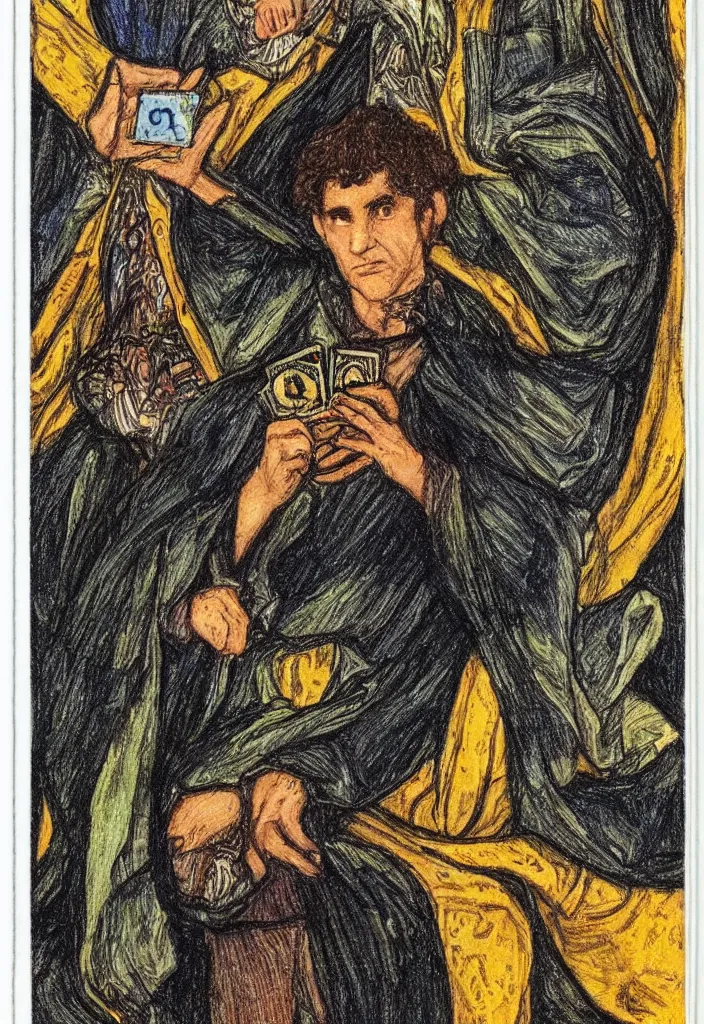 Image similar to Yoshua Bengio scientist drawn on the Tarot card. Illustration by preraphaelists.