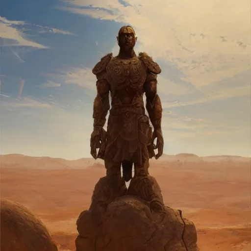 Prompt: Panorama view of a giant stone statue of a warrior emerging from a desert, oil painting, by Greg Rutkowski