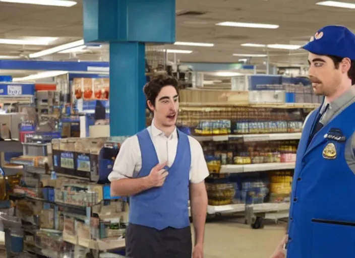 Image similar to film still of ben feldman!!! as jonah simms wearing his blue vest uniform, in superstore, 2 0 1 5