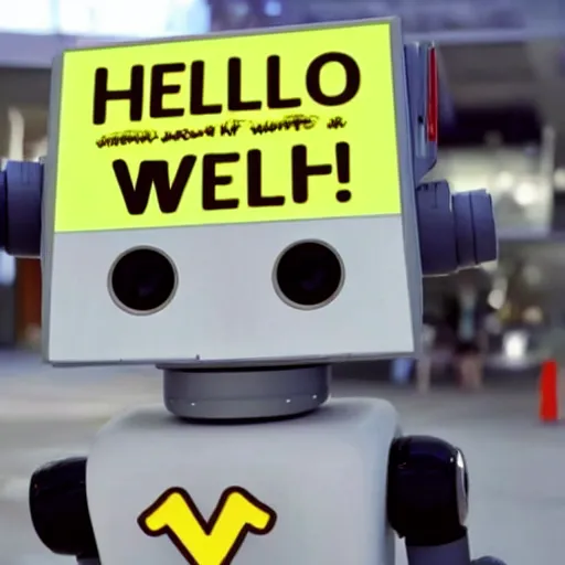 Image similar to a robot holding a sign that reads 'hello world'