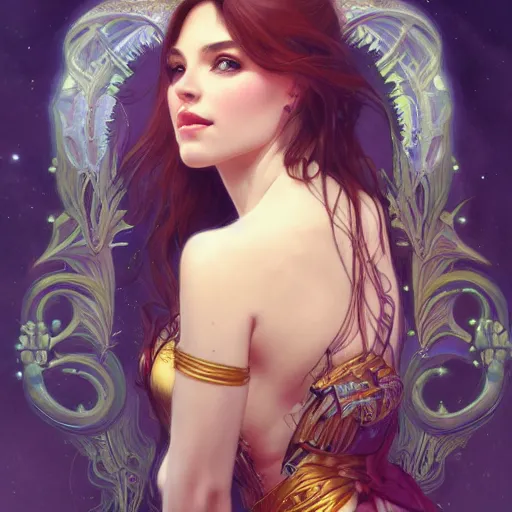 Image similar to a photograpic portrait of a pretty woman, spacepunk, fantasy, intricate, elegant, highly detailed, digital painting, artstation, concept art, smooth, sharp focus, illustration, art by artgerm and H R Giger and alphonse mucha