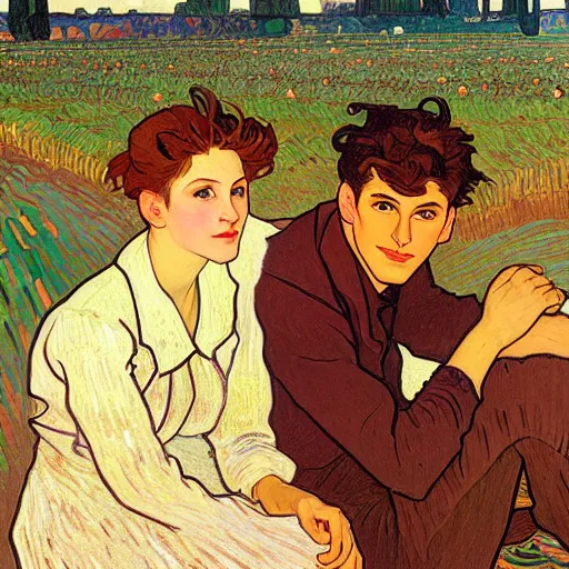 Prompt: painting of handsome young delicate beautiful jeffrey in his 2 0 s with brown hair and gorgeous rina together at the pumpkin patch in october, elegant, clear, painting, stylized, art, art by alphonse mucha, vincent van gogh, egon schiele