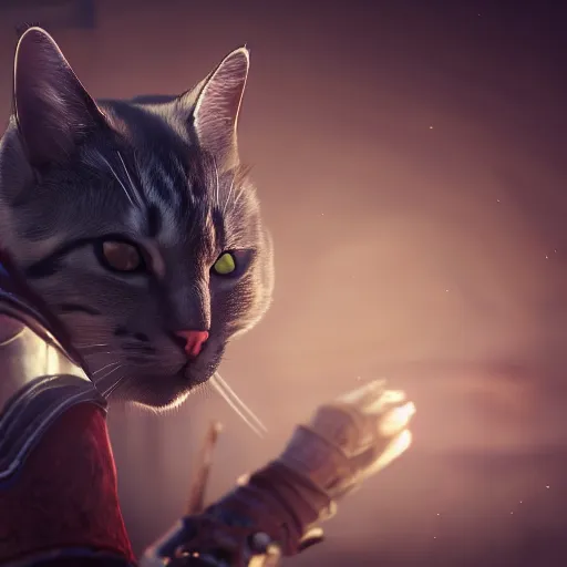 Prompt: cat the assassin, assassin's creed, japan, cute, unreal engine, c 4 d, maya, smooth, natural background, cinematic lighting, 8 k, digital painting, artstation, concept art, aesthetic