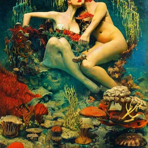Image similar to a a beautiful underwater portrait of two lovers surrounded by smoke mushrooms and coral reefs and crystals and plants, painting part by wojciech siudmak, part by ilya repin, part by max ernst, part by norman rockwell