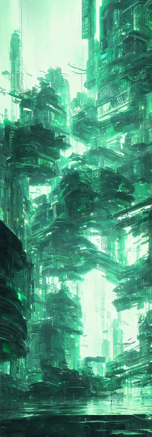 Image similar to reflective waves, cyberpunk texture, green coloring, by studio ghibli and greg rutkowski