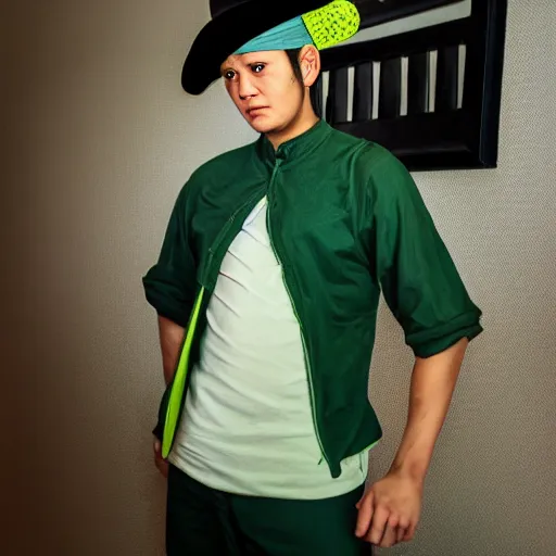 Image similar to A full portrait photo of real-life zoro one piece, f/22, 35mm, 2700K, lighting.