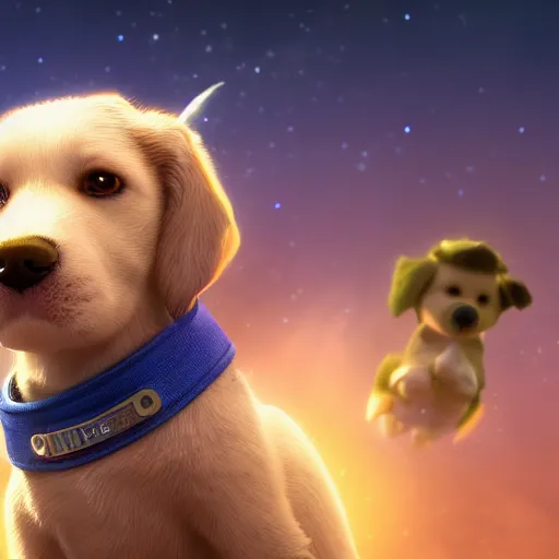 Image similar to dog character 1 1, small puppy, rich dog, high quality image, smart dog, dog with gun, dog in space, illustration, dog in mountain, soft, concept art, intricate details, highly detailed, colorful, photorealistic, disney pixar, octane render, iridescent, anime, 8 k