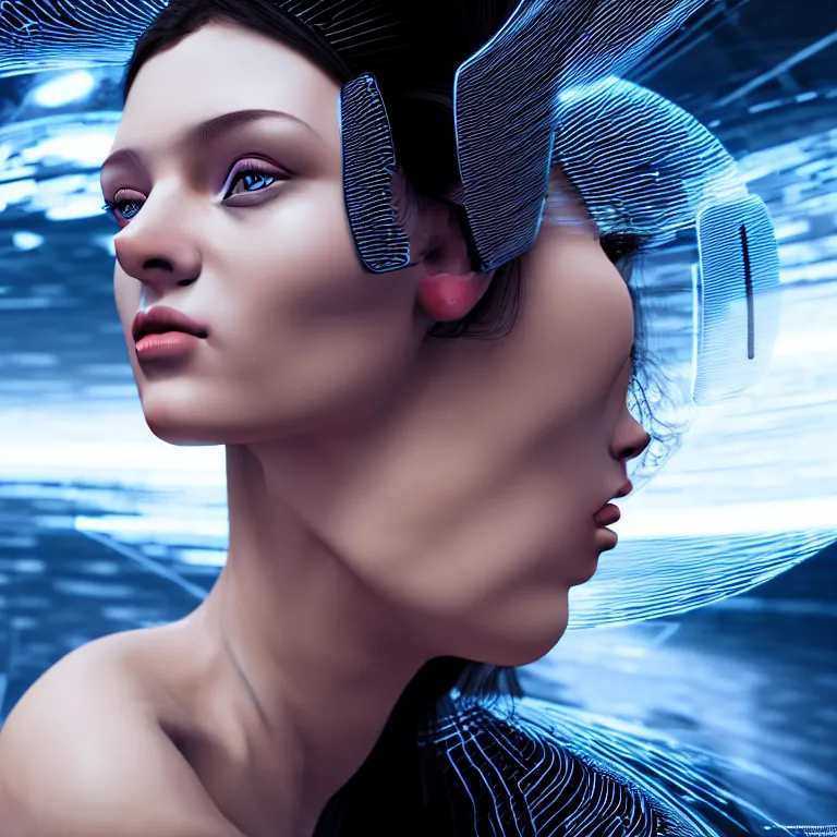 Image similar to hyperrealism photography computer simulation visualisation of parallel universe cgi scene with beautiful highly detailed ukrainian woman by caravaggio wearing neofuturistic neural interface by josan gonzalez - s 1 5 0