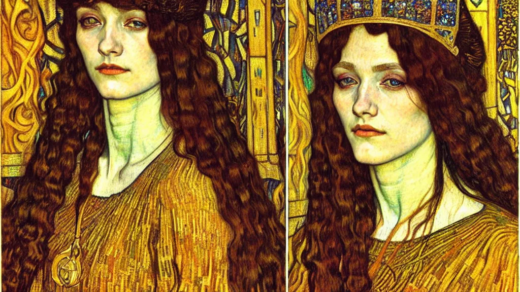 Image similar to detailed realistic beautiful young medieval queen face portrait by jean delville, gustav klimt and vincent van gogh, art nouveau, symbolist, visionary, gothic, pre - raphaelite, muted earthy colors, desaturated