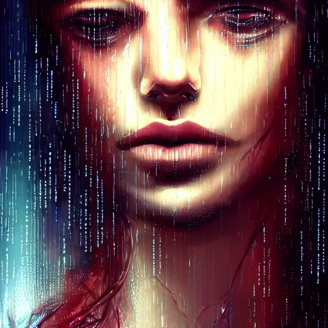 Image similar to bright portrait backlit rain on face and wet hair, cyberpunk, overhead lighting, fantasy, intricate, elegant, dramatic lighting, highly detailed, lifelike, photorealistic, digital painting, artstation, illustration, concept art, smooth, sharp focus, art by John Collier and Albert Aublet and Krenz Cushart and Artem Demura and Alphonse Mucha