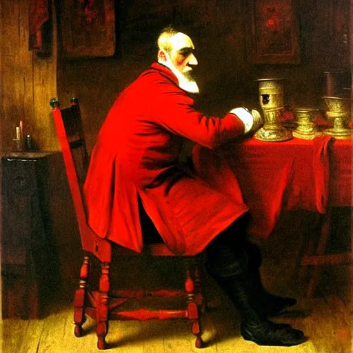 Image similar to 1862, a plotting man in a red jester suit sitting in a wooden chair near a table covered with cloth. the room is dimly lit. art style of Jan Matejko, ominous, realistic, highly detailed