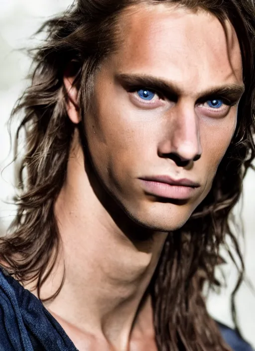 Image similar to a very skinny young Tarzan close-up portrait of young white male, with long straight slicked back brown hair shoulder length