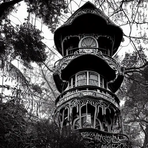 Prompt: architectural photograph of a realistic art nouveau clockwork tree house, dramatic, black and white photograph h 7 6 8