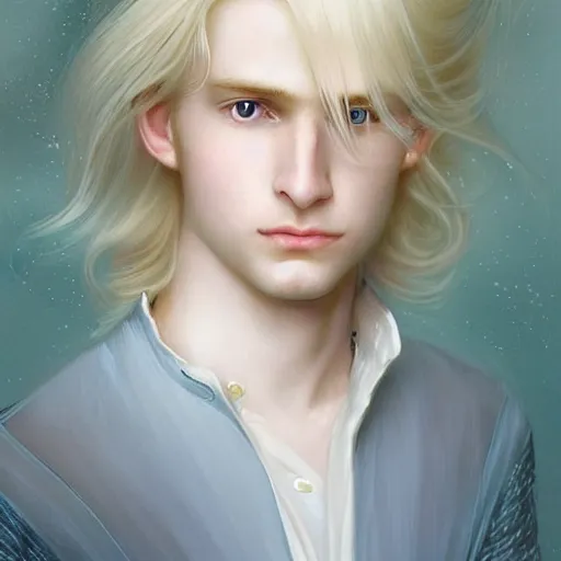 Prompt: Portrait of magical blond prince, very very very very pale white skin, long silky blond hair, dreamy and ethereal, pastel blue eyes, peaceful expression, ornate frilly regal shirt, fantasy, intricate, elegant, dynamic lighting, highly detailed, digital painting, artstation, concept art, smooth, sharp focus, illustration, art by artgerm and greg rutkowski and alphonse mucha