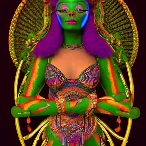 Image similar to Full body photo of the most beautiful mayan goddess, in the style of Peter Mohmacher and Mati Klarwein, trending on Artstation, digital art, symmetrical artwork, cinematic, hyper realism, high detail, octane render, 4k, 8k