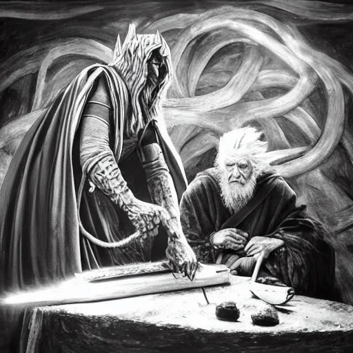 Image similar to the evil ian mckellen smithing on an anvil as gandalf in a dark viking hood playing odin all father crafting the plant of life with vines on an anvil, highly detailed, cinematic shot, cinematic lighting, 8 k, exquisit facial detail, painting by artemisia gentileschi, chiaroscuro, dark painting.